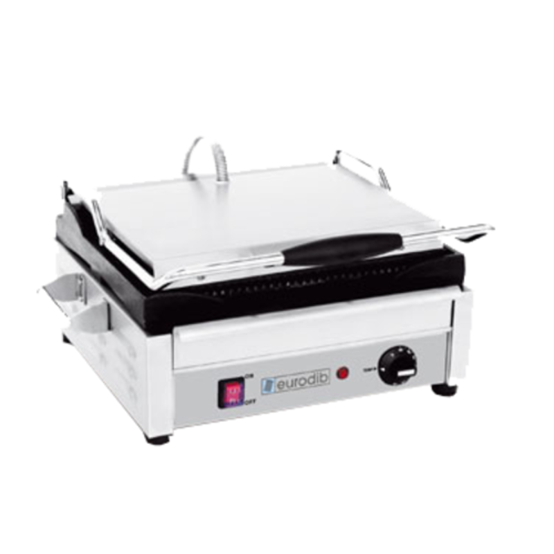 Eurodib SFE02345240 Medium Single Panini Grill, Commercial Panini Grill With Ribbed Plates
