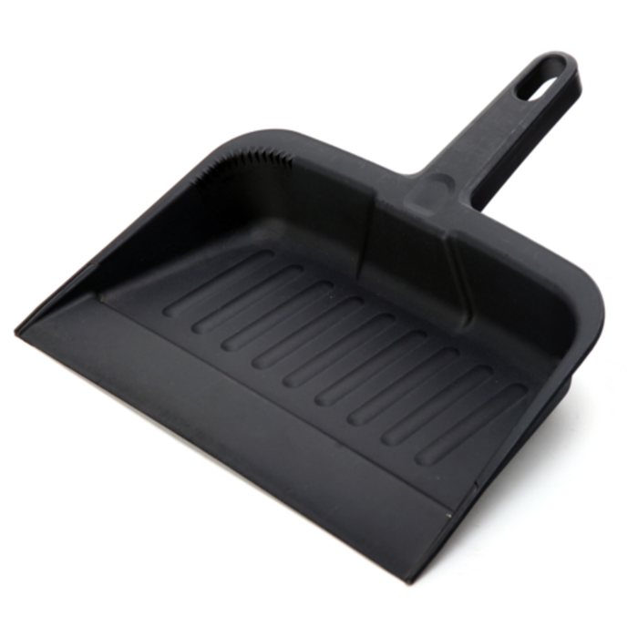 Alt Tag: Omcan 47327 27-Inch Length Durable Plastic Commercial Dust Pan black heavy-duty plastic dustpan with long handle
