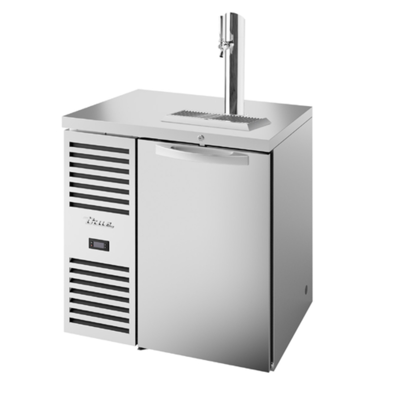 Alt Tag: True 32" Stainless Steel Outdoor Single Zone Draft Beer Cooler with single tap tower, stainless steel door and vented front panel