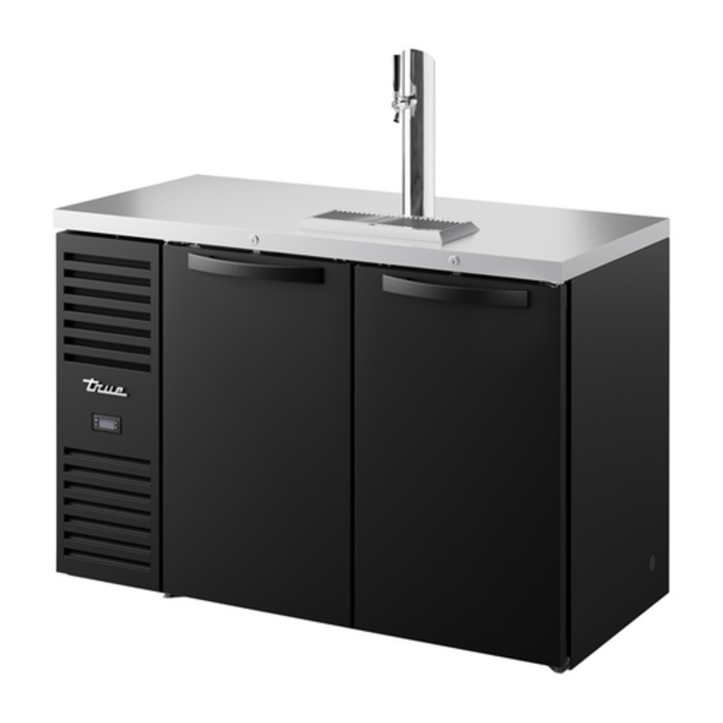 True 52" Black Two Door Outdoor Draft Beer Cooler Refrigerator with stainless top and single tap tower, black powder-coated outdoor kegerator