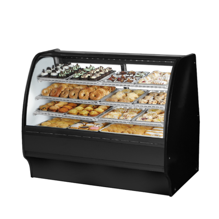 Alt Tag: True 59.25 Inch Curved Glass Non-Refrigerated Bakery Display Case with curved glass front showcasing assorted pastries and desserts