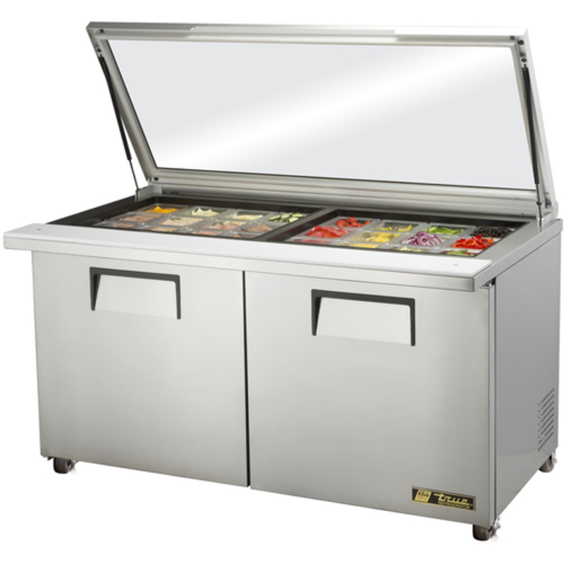 Tag alternatif : Table de préparation Mega Top True 60 pouces Mega Top Table de préparation méga-dessus en inox avec couvercle surélevé et moules d’ingrédients réfrigérées