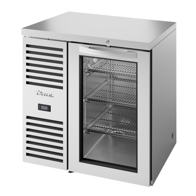 True Foodservice 32-inch Stainless Steel Single Door Back Bar Refrigerator with glass door and adjustable wire shelves