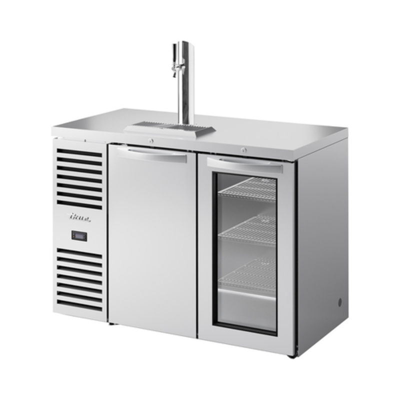 Alt Tag: True Foodservice 48-Inch Two Glass Door Draft Beer Refrigerator stainless steel outdoor draft beer cooler with tower and glass door
