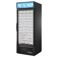 Alt Tag: True GDIM-26NT-HC~TSL01 30" Black Swing Glass Door Ice Freezer Merchandiser with glass door display of bagged ice