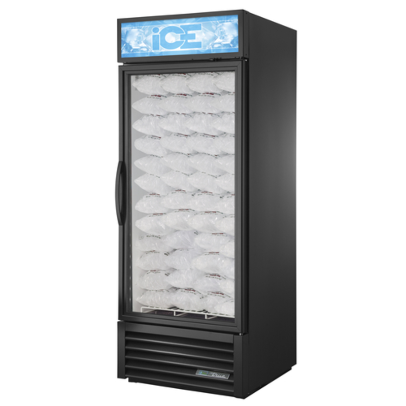Alt Tag: True GDIM-26NT-HC~TSL01 30" Black Swing Glass Door Ice Freezer Merchandiser with glass door display of bagged ice