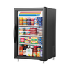 Countertop Glass Door Merchandiser Displaying Various Food Products In A True Refrigerator.