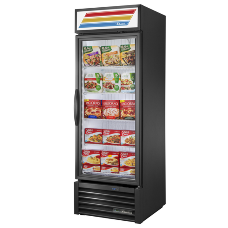 27-inch Glass Door Freezer Merchandiser Displaying Frozen Foods Including Meals And Ice Cream