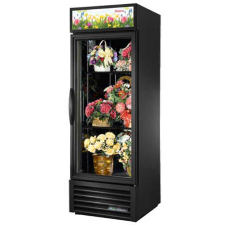 True GDM-23FC-HC~TSL01 27" One-Door Glass Floral Merchandiser Refrigerator with glass door displaying fresh flower bouquets