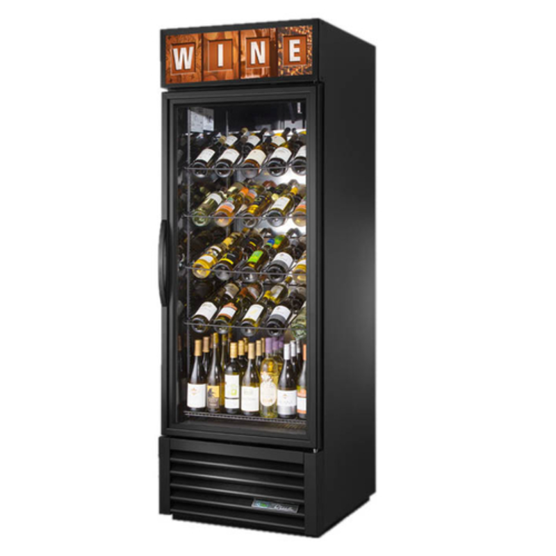 Alt Tag: True GDM-23W-HC~TSL01 27" Glass Door Reach-In Wine Merchandiser Refrigerator with glass door display and stocked wine bottles