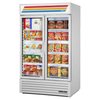 True GDM-43F-HC~TSL01 47-inch Two Door Glass Merchandiser Freezer displaying frozen foods and ice cream, showcasing glass door merchandiser freezer.