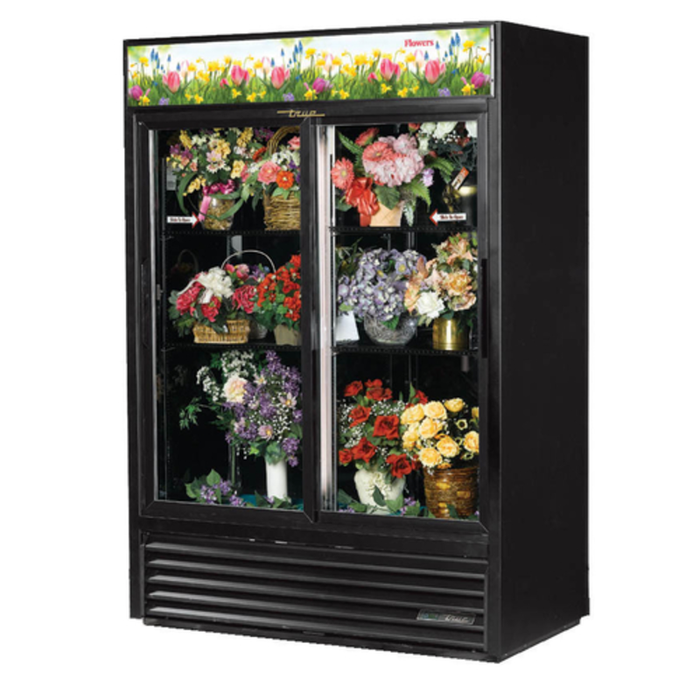 True GDM-47FC-HC-LD 54" Two Section Glass Door Floral Merchandiser with two glass doors displaying fresh flower arrangements