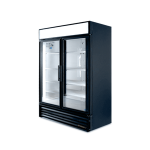 Alt Tag: True GDM-49F REFURBISHED 54.1" Two-Door Glass Merchandiser Freezer with two glass doors and adjustable shelves, black exterior