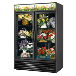 Alt Tag: True GDM-49FC-HC~TSL01 54-1/8 Inch Two Door Floral Merchandiser glass-door display refrigerator with floral arrangements