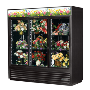 True GDM-69FC-HC-LD 78.13" Three Door Floral Merchandiser Refrigerator with glass doors displaying fresh flower arrangements