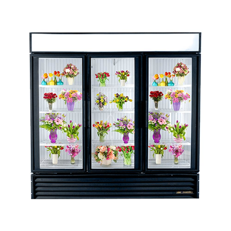 Alt Tag: True GDM-72 refurbished floral glass door refrigerator with three glass doors displaying fresh flower bouquets