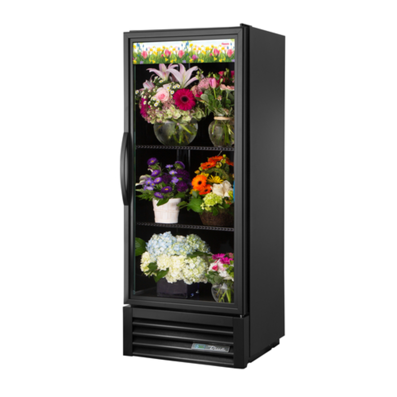 Alt Tag: True Manufacturing 25 Inch Single Door Glass Floral Merchandiser refrigerated display case with glass door showcasing fresh flower arrangements