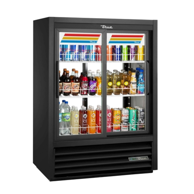 True Manufacturing Pass-Thru Glass Door Merchandiser Refrigerator Displaying A Variety Of Beverages And Packaged Foods.