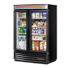 True Manufacturing 39.75 Inch Commercial Slim Line Glass Door Refrigerator Displaying Various Beverages And Dairy Products