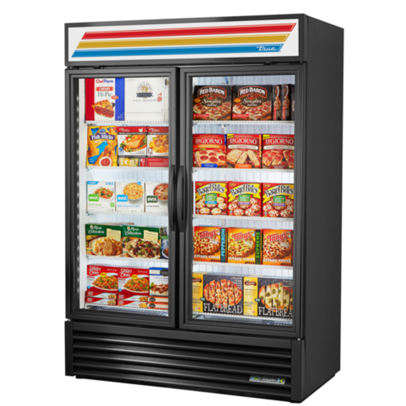 True Manufacturing 54 inch convertible glass door refrigerator freezer merchandiser with double glass doors displaying frozen food products