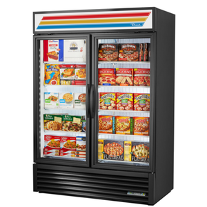 True Manufacturing 54 inch convertible glass door refrigerator freezer merchandiser with double glass doors displaying frozen food products