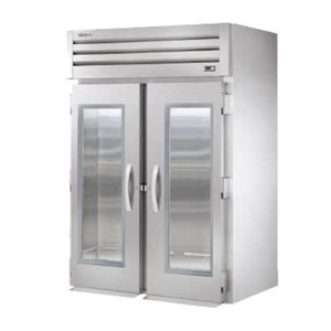True Manufacturing STG2RRI-2G-HC 52-5/8 Inch Two-Section Roll-In Refrigerator with two glass doors, stainless commercial kitchen unit