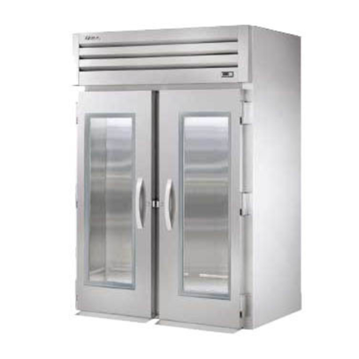 True Manufacturing STG2RRI-2G-HC 52-5/8 Inch Two-Section Roll-In Refrigerator with two glass doors, stainless commercial kitchen unit