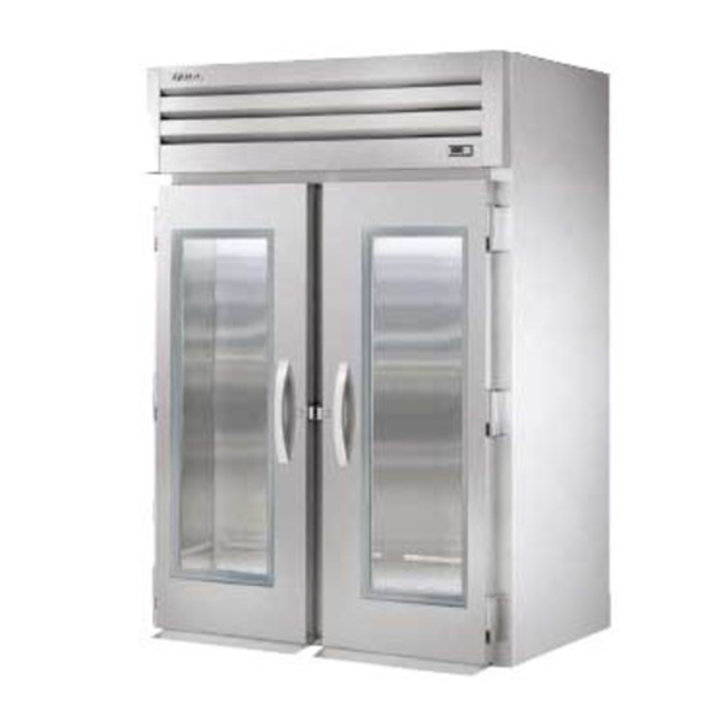 True Manufacturing STG2RRI-2G-HC 52-5/8 Inch Two-Section Roll-In Refrigerator with two glass doors, stainless commercial kitchen unit