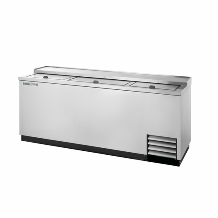 Alt Tag: True Manufacturing 80-Inch Solid Slide Lid Deep Well Cooler horizontal bottle cooler with stainless steel finish and sliding lids
