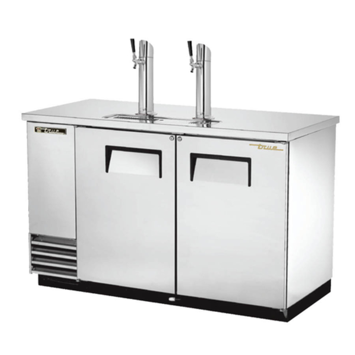 Alt Tag: True Manufacturing TDD-2-S-HC 59-Inch Stainless Steel Two Door Draft Beer Cooler with dual draft towers, two doors