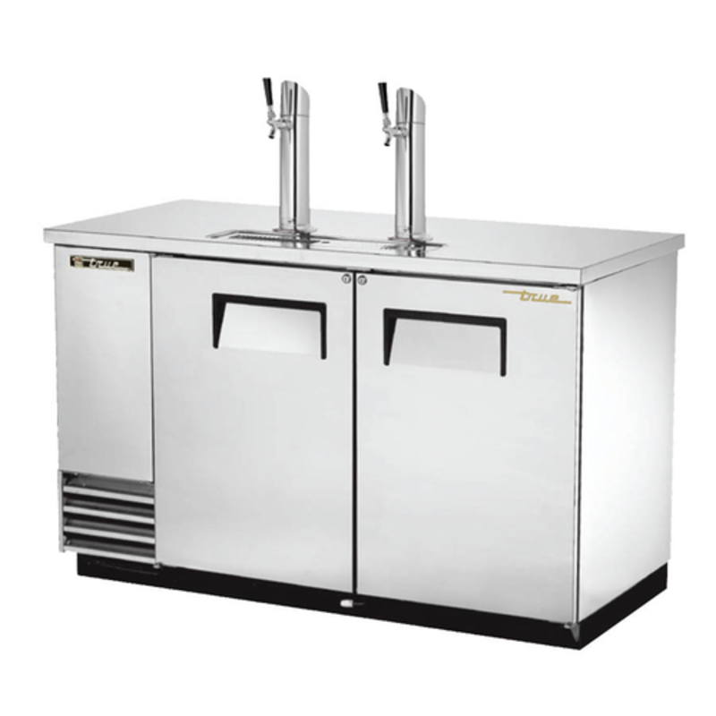 Alt Tag: True Manufacturing TDD-2-S-HC 59-Inch Stainless Steel Two Door Draft Beer Cooler with dual draft towers, two doors