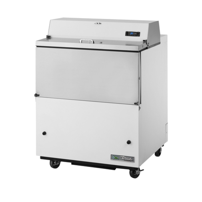 Alt Tag: True Manufacturing 34" Wide Stainless Steel School Milk Cooler Station with insulated lid and temperature control panel