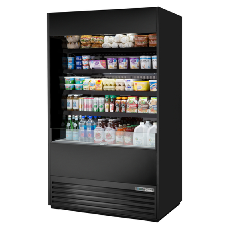 Alt Tag: True Manufacturing 48-inch Open Air Grab-and-Go Refrigerated Merchandiser open-air display case with shelves of drinks and snacks