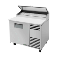 Alt Tag: True Manufacturing 44-inch Solid Door Refrigerated Pizza Prep Table Counter with lift-up lid, stainless steel commercial prep counter