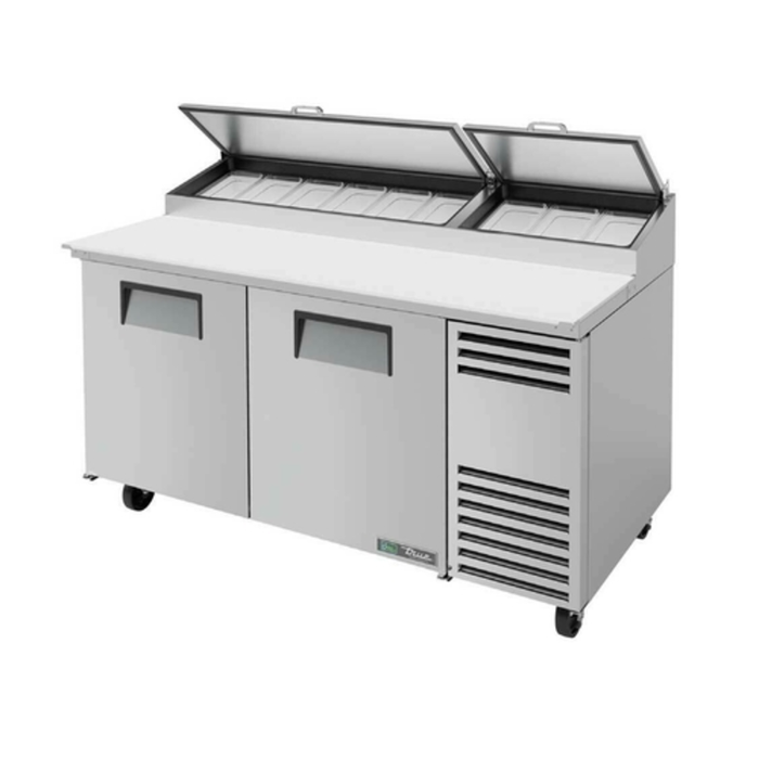 Alt Tag: True Manufacturing 67-Inch Solid Door Refrigerated Pizza Prep Table stainless steel commercial pizza prep table with refrigerated topping rail