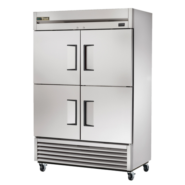 Alt Tag: True Manufacturing 54.13 Inch Solid Half Door Reach-In Refrigerator stainless steel 4-door commercial fridge on casters