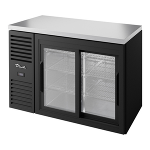 Alt Tag: True Refrigeration 48-Inch Two Glass Door Back Bar Cooler with black exterior, stainless countertop, and two glass doors