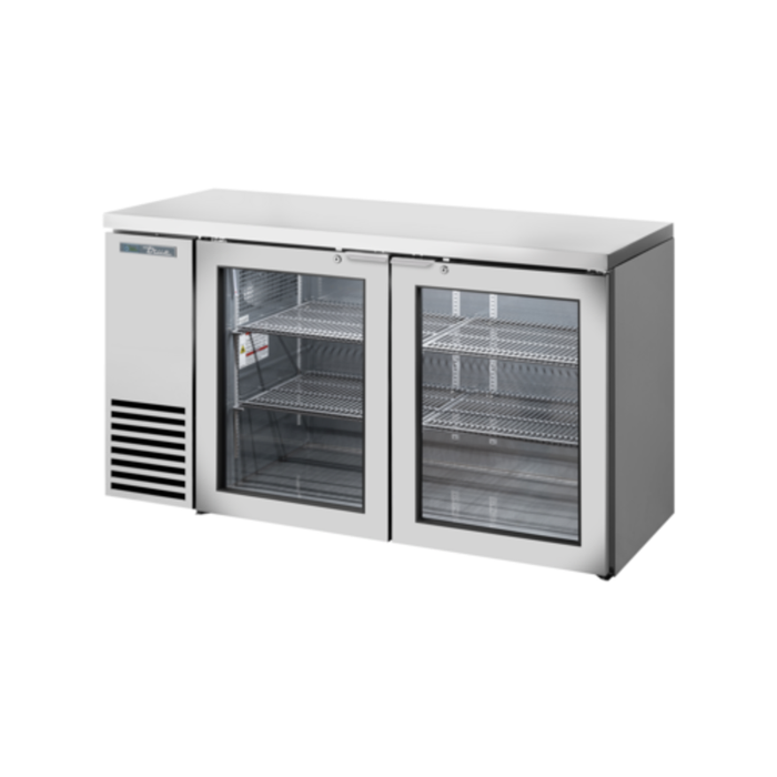 True Refrigeration 60 Inch Glass Door Outdoor Back Bar Cooler stainless steel 2-glass-door back bar refrigerator with shelves