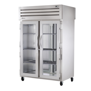 Alt Tag: True Spec Series 52 5/8" Pass-Thru Glass & Solid Door Heated Cabinet stainless commercial pass-thru warming cabinet with glass and solid doors