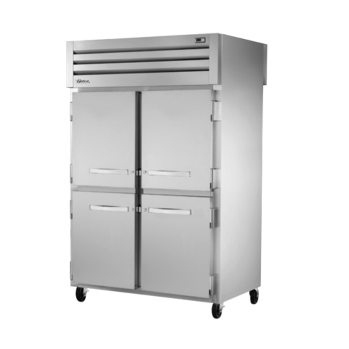 True Spec Series 52-5/8" Pass-Thru Two-Section Refrigerator stainless steel four-door commercial unit on casters