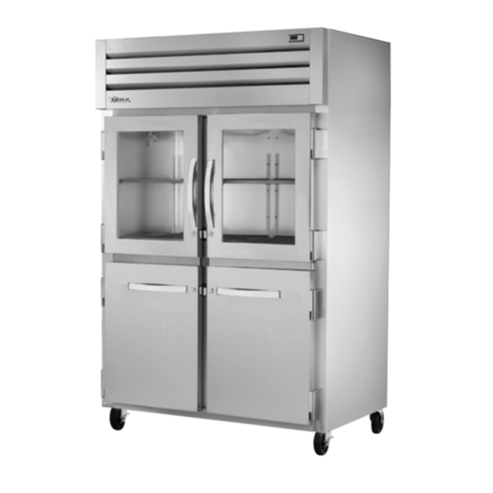 Alt Tag: True SPEC SERIES® 52.63" Two-Section Half-Door Reach-In Refrigerator with glass upper doors and stainless steel commercial design
