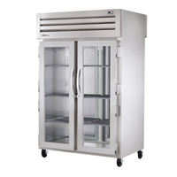 True Spec Series Pass-Thru Two Section Heated Food Warmer Cabinet with glass doors, commercial pass-thru heated cabinet on casters