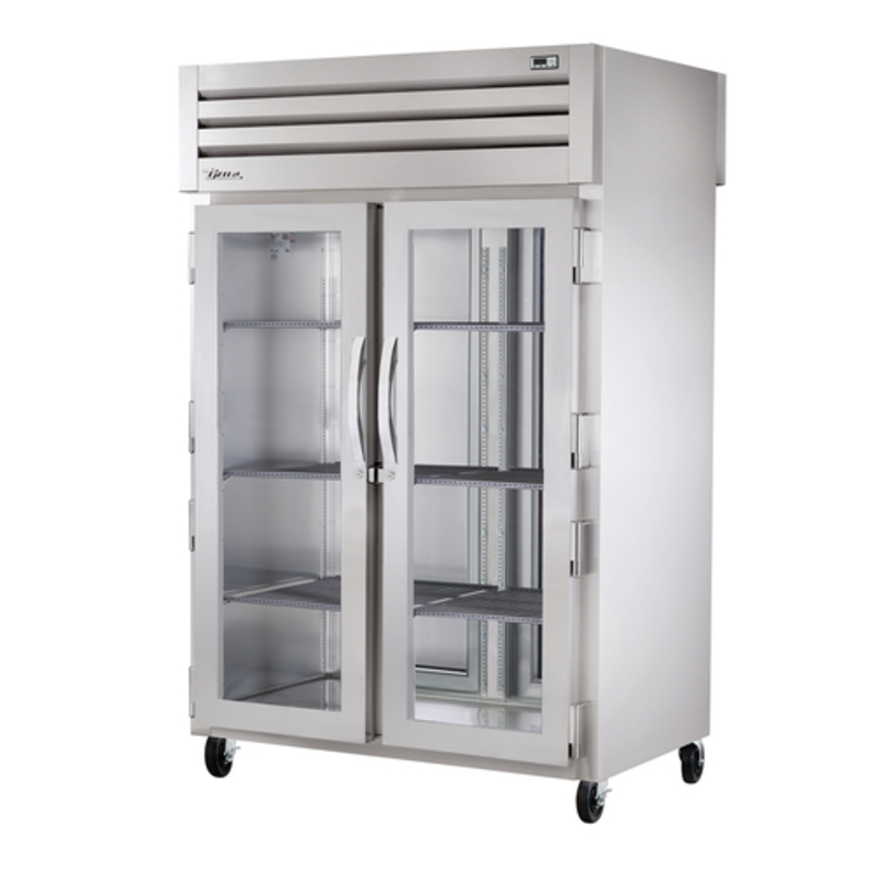 True Spec Series Pass-Thru Two Section Heated Food Warmer Cabinet with glass doors, commercial pass-thru heated cabinet on casters