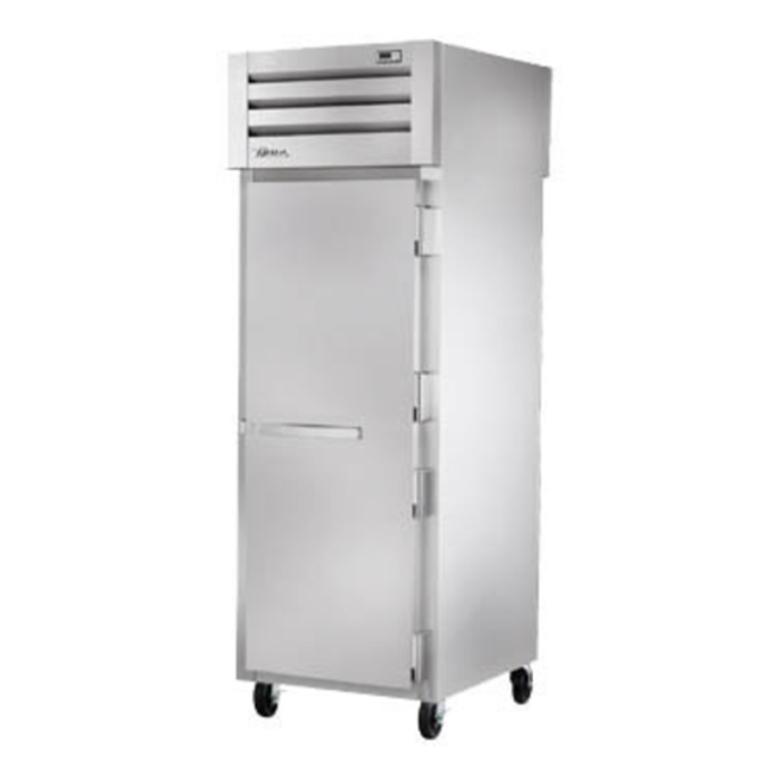 Alt Tag: True SPEC SERIES® 27.5-Inch One-Section Pass-Thru Refrigerator stainless steel commercial fridge with solid door on casters