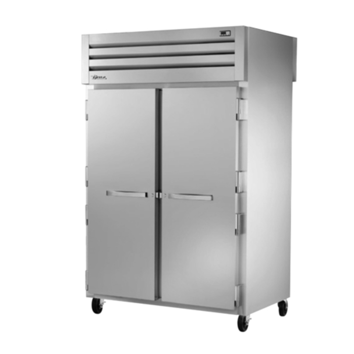 Alt Tag: True Spec Series 52 5/8" Two-Section Solid Door Pass-Thru Refrigerator stainless steel commercial two-door unit on casters