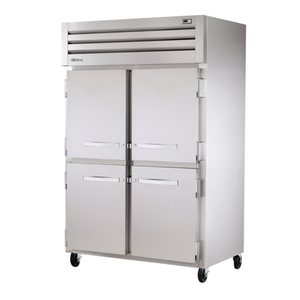 Alt Tag: True Spec Series 52.63-inch Reach-In Two-Section Heated Cabinet stainless steel commercial heated holding cabinet, two doors on casters