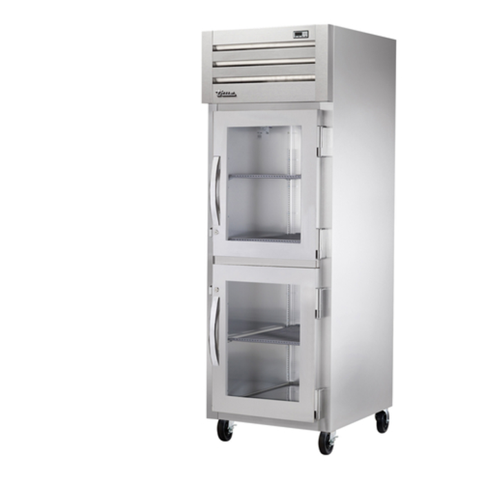 True STA1H-2HG Spec Series 27.5-Inch Reach-In Heated Cabinet with glass half-doors, stainless steel construction and casters