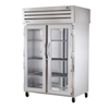 True Spec Series 52-Inch Two Section Pass-Thru Heated Cabinet with double glass doors, stainless steel commercial warming cabinet on casters