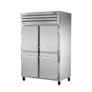 Alt Tag: True Spec Series 52 5/8" Two Section Solid Half Door Refrigerator stainless steel commercial reach-in refrigerator, two-section solid half doors