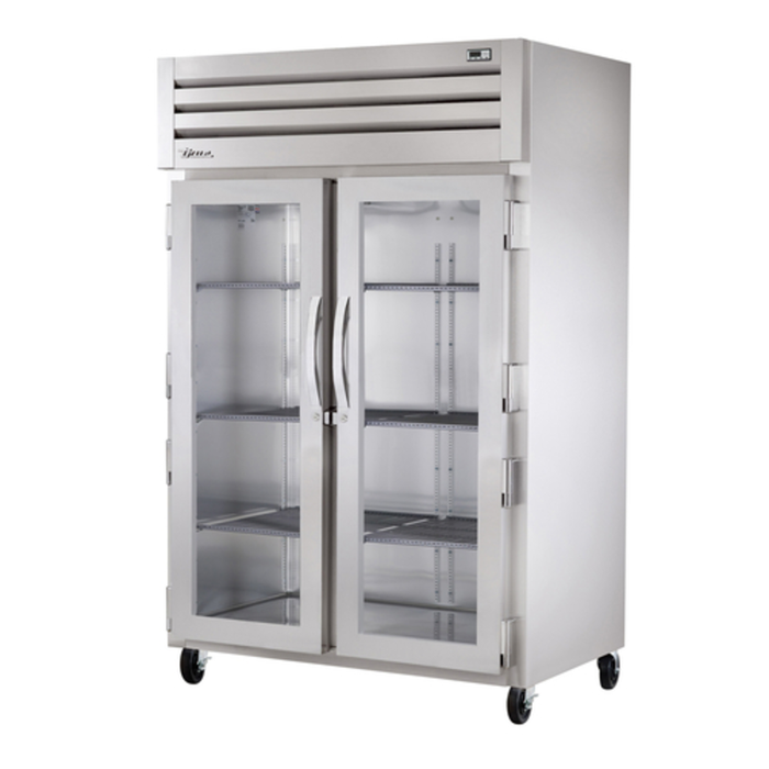 Alt Tag: True STR2H-2G 52.63" Spec Series Two-Door Reach-In Heated Cabinet with glass swing doors, stainless steel commercial warming cabinet